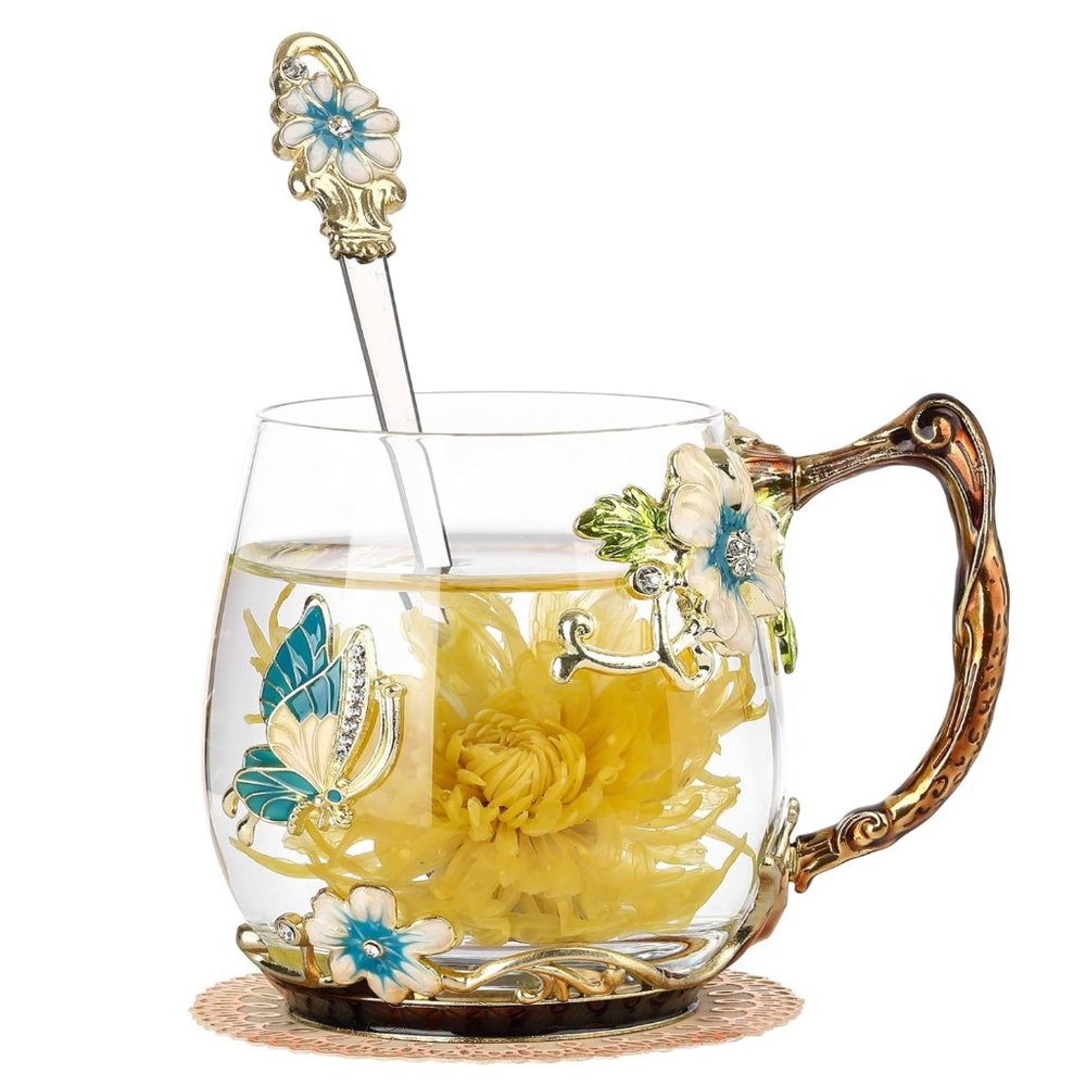Butterfly Rose Glass Coffee Tea Cup